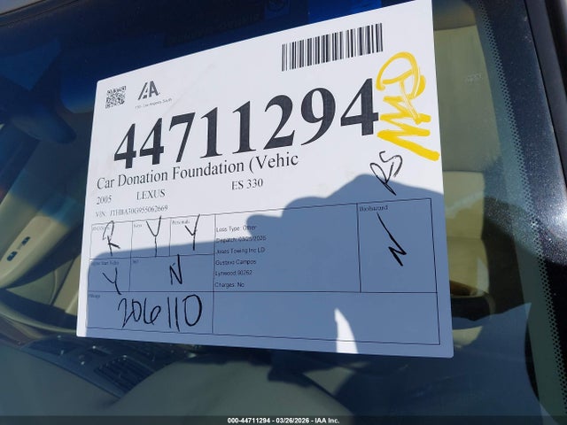 44711294 :رقم المزاد ، JTHBA30G955062669 vin ، 2005 Lexus Es 330 مزاد بيع