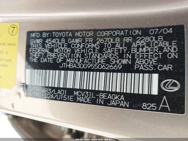 44711294 :رقم المزاد ، JTHBA30G955062669 vin ، 2005 Lexus Es 330 مزاد بيع