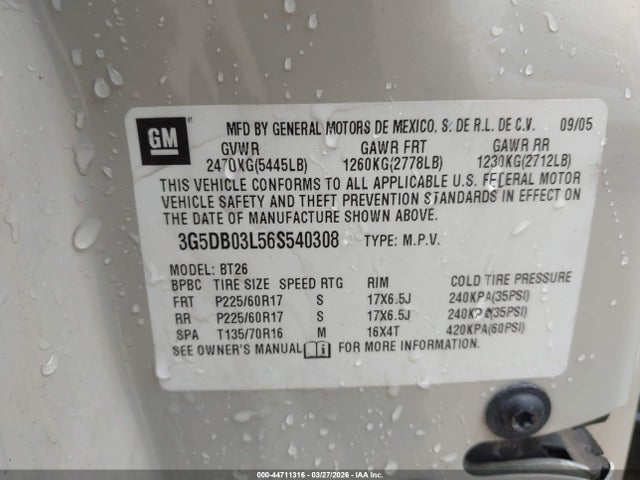 44711316 :رقم المزاد ، 3G5DB03L56S540308 vin ، 2006 Buick Rendezvous Cx مزاد بيع