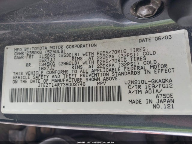 44711317 :رقم المزاد ، JTEZT14R738002746 vin ، 2003 Toyota 4runner Sr5 V8 مزاد بيع