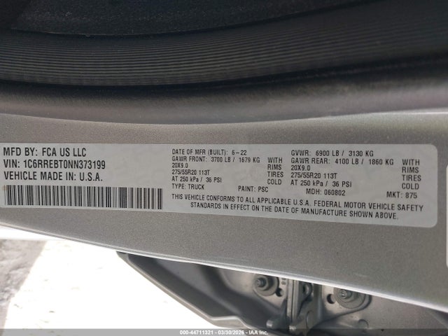 Auction sale of the 2022 Ram 1500, vin: 1C6RREBT0NN373199, lot number: 44711321