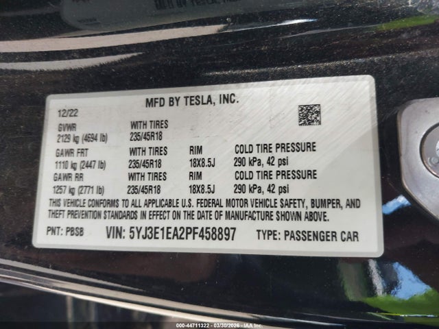 Tesla Model 3 Rear-wheel Drive 2023 5YJ3E1EA2PF458897 Image 9