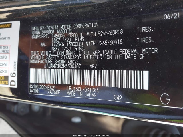 Aukcja sprzedaży 2021 Lexus Gx 460 Premium, vin: JTJAM7BX3M5300407, numer aukcji: 44711332