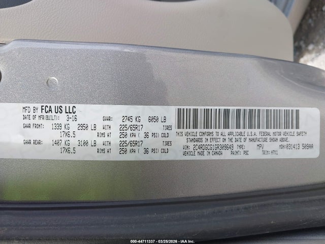 2016 Dodge Grand Caravan Sxt მანქანა იყიდება აუქციონზე, vin: 2C4RDGCG1GR309649, აუქციონის ნომერი: 44711337