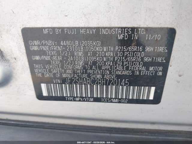 Aukcja sprzedaży 2011 Subaru Forester 2.5x, vin: JF2SHABC2BH720145, numer aukcji: 44711347