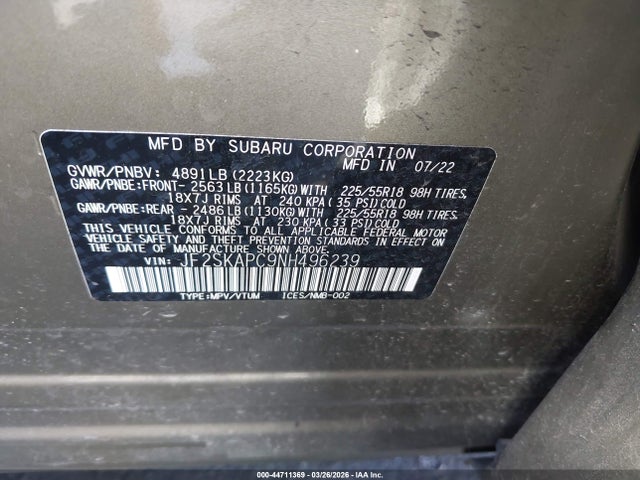 Aukcja sprzedaży 2022 Subaru Forester Limited, vin: JF2SKAPC9NH496239, numer aukcji: 44711369
