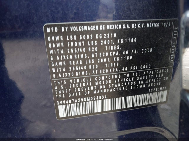 3VV4B7AX9NM024934 Volkswagen Tiguan 2.0t Sel R-line