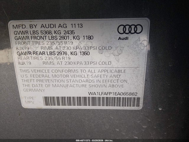 44711373 :رقم المزاد ، WA1LFAFP1EA065862 vin ، 2014 Audi Q5 2.0t Premium مزاد بيع