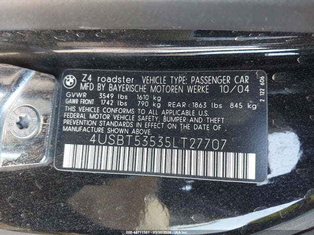 Aukcja sprzedaży 2005 Bmw Z4 3.0i, vin: 4USBT53535LT27707, numer aukcji: 44711381