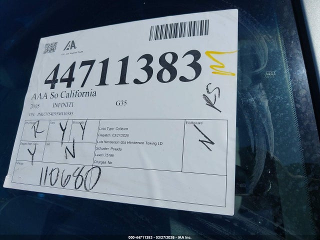 Aukcja sprzedaży 2005 Infiniti G35, vin: JNKCV54E95M410585, numer aukcji: 44711383