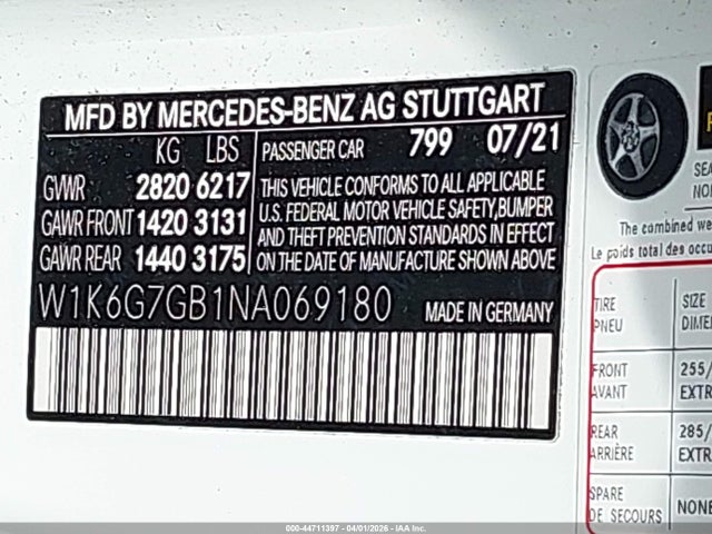 44711397 :رقم المزاد ، W1K6G7GB1NA069180 vin ، 2022 Mercedes-benz S 580 4matic مزاد بيع