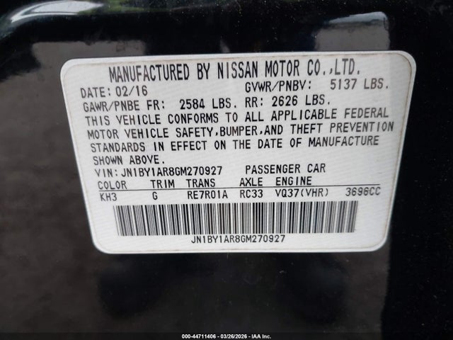 44711406 :رقم المزاد ، JN1BY1AR8GM270927 vin ، 2016 Infiniti Q70 3.7x مزاد بيع