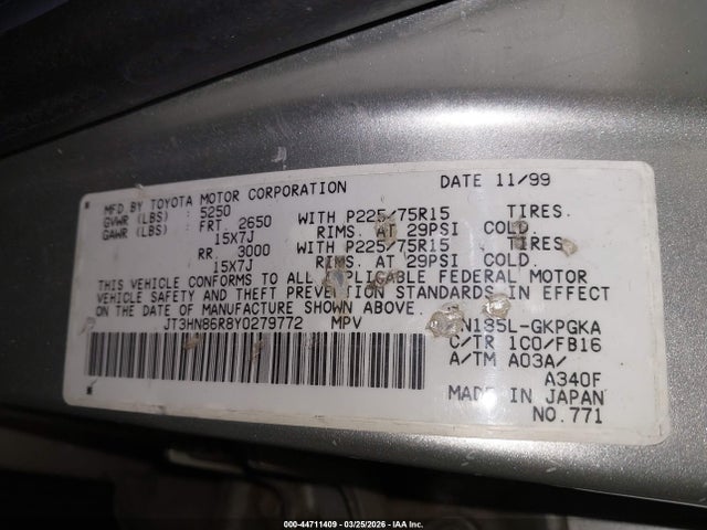 44711409 :رقم المزاد ، JT3HN86R8Y0279772 vin ، 2000 Toyota 4runner Sr5 V6 مزاد بيع