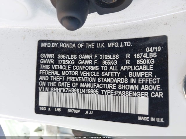 SHHFK7H39KU419995 Honda Civic Lx