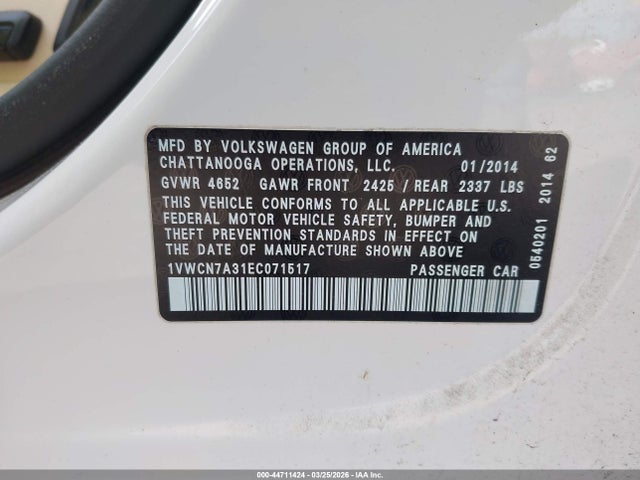 Продаж на аукціоні авто 2014 Volkswagen Passat 2.0l Tdi Sel Premium, vin: 1VWCN7A31EC071517, номер лоту: 44711424