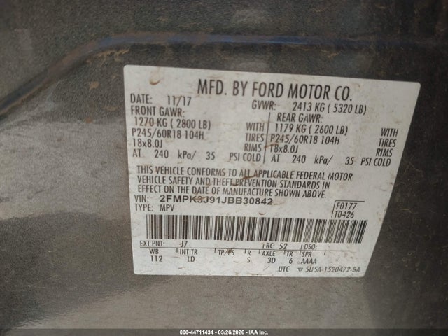 Aukcja sprzedaży 2018 Ford Edge Sel, vin: 2FMPK3J91JBB30842, numer aukcji: 44711434