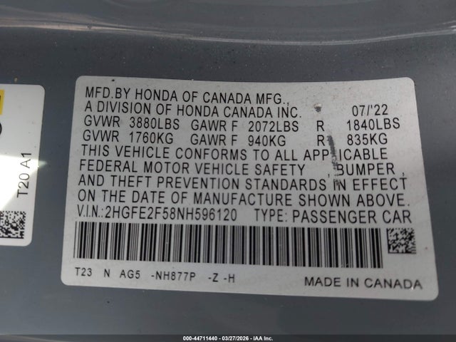 Aukcja sprzedaży 2022 Honda Civic Sport, vin: 2HGFE2F58NH596120, numer aukcji: 44711440