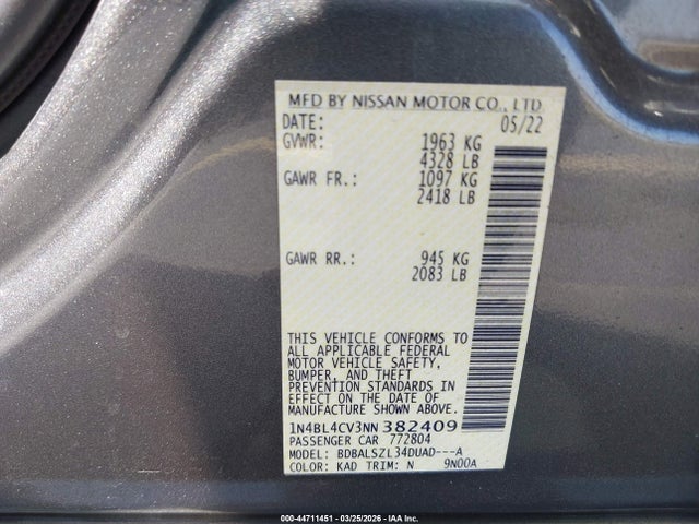 Aukcja sprzedaży 2022 Nissan Altima Sr Fwd, vin: 1N4BL4CV3NN382409, numer aukcji: 44711451