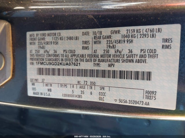 Ford ESCAPE SE 2019 1FMCU9GD2KUA07621 Image 9