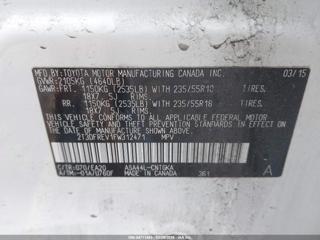 Продаж на аукціоні авто 2015 Toyota Rav4 Limited, vin: 2T3DFREV1FW312471, номер лоту: 44711463
