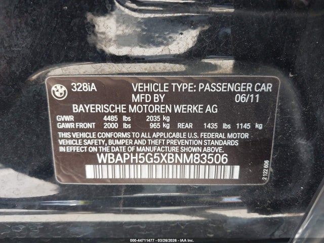 44711477 :رقم المزاد ، WBAPH5G5XBNM83506 vin ، 2011 Bmw 328i مزاد بيع