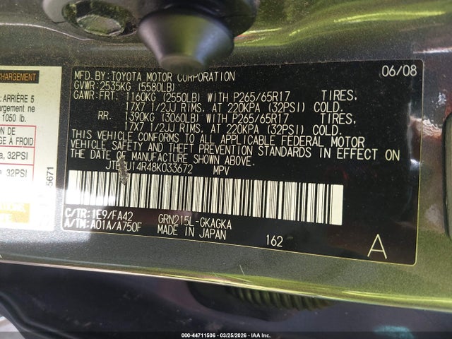 2008 TOYOTA 4RUNNER JTEBU14R48K033672 Photo 8