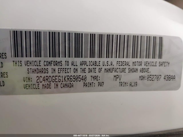 44711519 :رقم المزاد ، 2C4RDGEG1KR690540 vin ، 2019 Dodge Grand Caravan Gt مزاد بيع