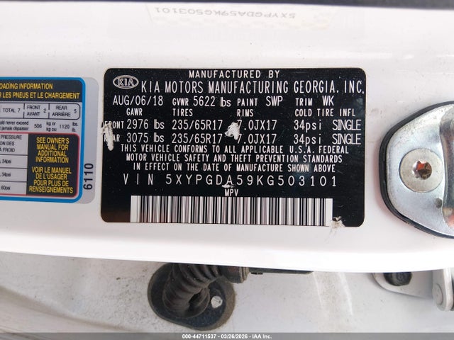 Продажа на аукционе авто 2019 Kia Sorento 3.3l Lx, vin: 5XYPGDA59KG503101, номер лота: 44711537