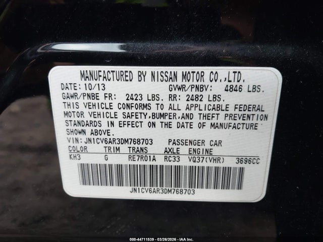 44711539 :رقم المزاد ، JN1CV6AR3DM768703 vin ، 2013 Infiniti G37x مزاد بيع