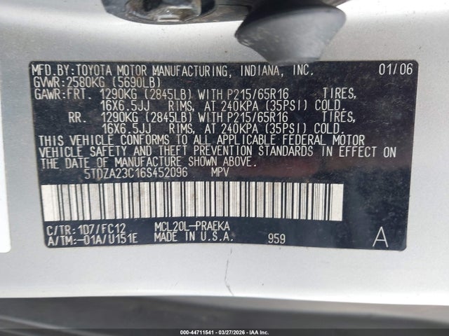 44711541 :رقم المزاد ، 5TDZA23C16S452096 vin ، 2006 Toyota Sienna Le مزاد بيع