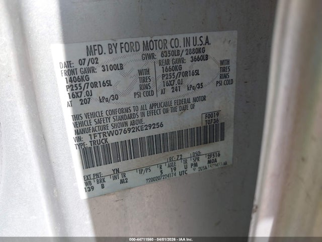 Auction sale of the 2002 Ford F-150 Lariat/xlt, vin: 1FTRW07692KE29256, lot number: 44711560