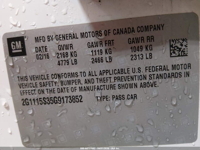 44711562 :رقم المزاد ، 2G1115S35G9173852 vin ، 2016 Chevrolet Impala 2lt مزاد بيع