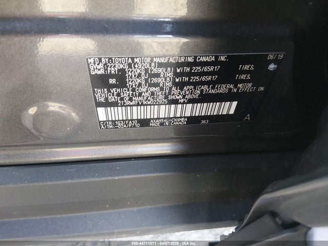 2T3RWRFV1KW022925 Toyota Rav4 Hybrid Xle