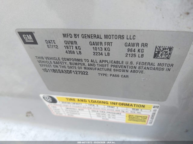Aukcja sprzedaży 2013 Chevrolet Malibu 1ls, vin: 1G11B5SA3DF127922, numer aukcji: 44711572