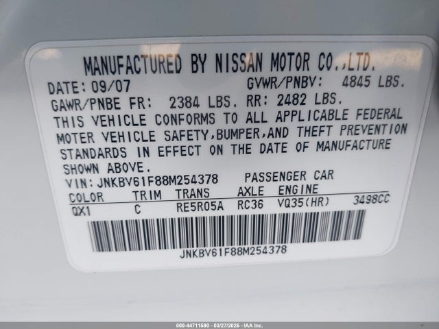 44711590 :رقم المزاد ، JNKBV61F88M254378 vin ، 2008 Infiniti G35x مزاد بيع