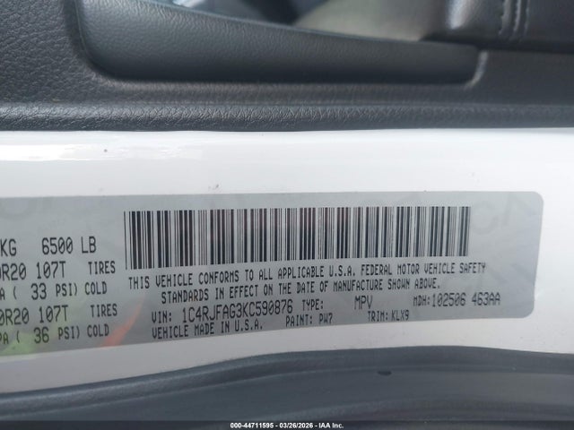 44711595 :رقم المزاد ، 1C4RJFAG3KC590876 vin ، 2019 Jeep Grand Cherokee Altitude 4x4 مزاد بيع
