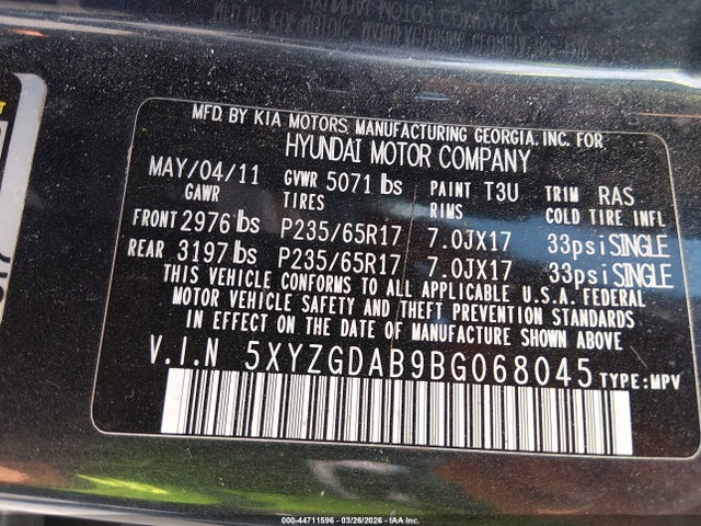 Продаж на аукціоні авто 2011 Hyundai Santa Fe Gls, vin: 5XYZGDAB9BG068045, номер лоту: 44711596