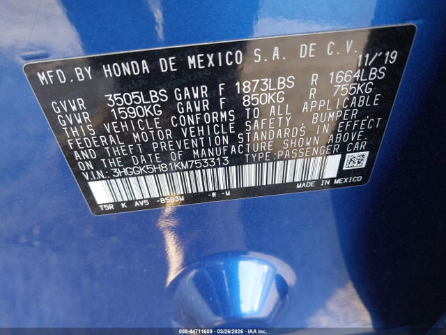 3HGGK5H81KM753313 Honda FIT EX