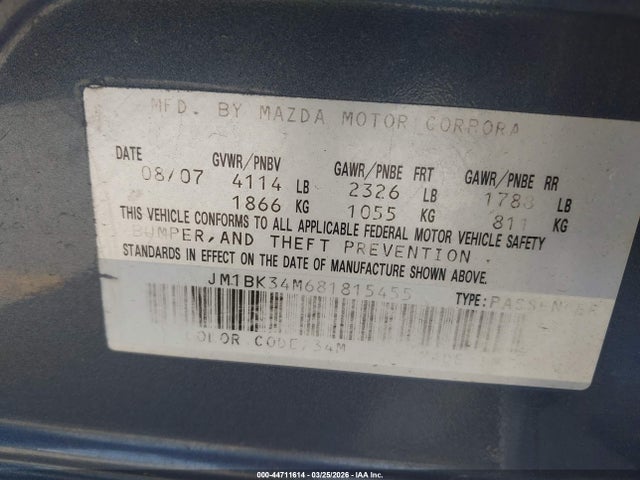 44711614 :رقم المزاد ، JM1BK34M681815455 vin ، 2008 Mazda Mazdaspeed3 Grand Touring مزاد بيع