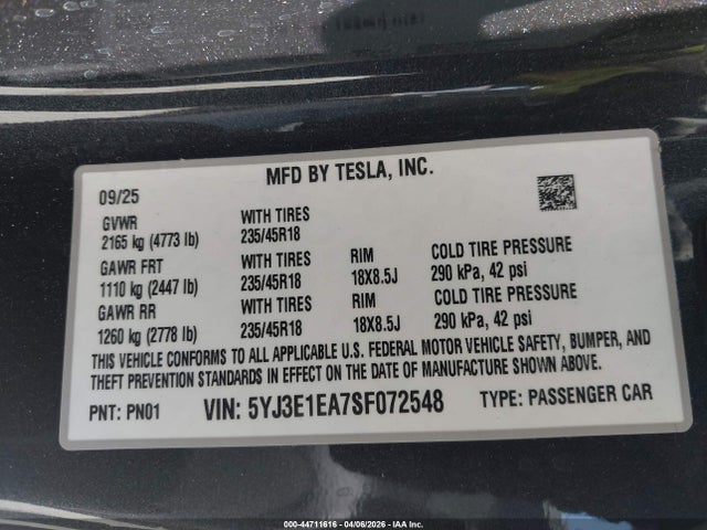 Продаж на аукціоні авто 2025 Tesla Model 3, vin: 5YJ3E1EA7SF072548, номер лоту: 44711616