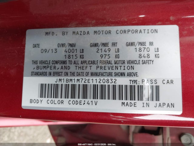 44711643 :رقم المزاد ، JM1BM1M72E1120832 vin ، 2014 Mazda Mazda3 I Grand Touring مزاد بيع