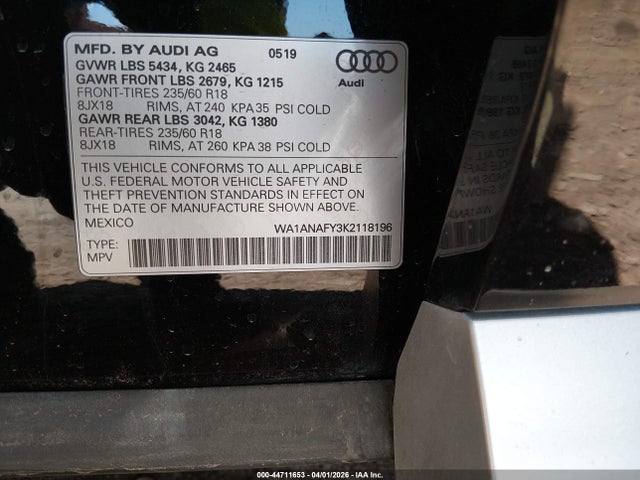 2019 Audi Q5 45 Premium მანქანა იყიდება აუქციონზე, vin: WA1ANAFY3K2118196, აუქციონის ნომერი: 44711653