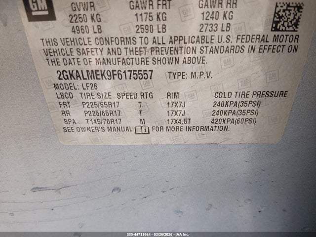 44711664 :رقم المزاد ، 2GKALMEK9F6175557 vin ، 2015 Gmc Terrain Sle-1 مزاد بيع