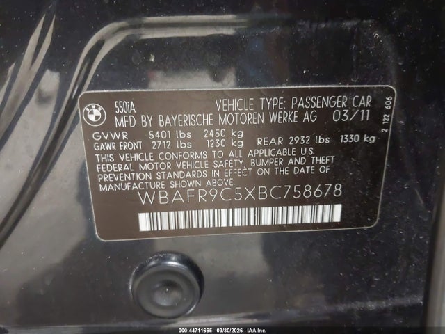 2011 BMW 550I WBAFR9C5XBC758678 Photo 8