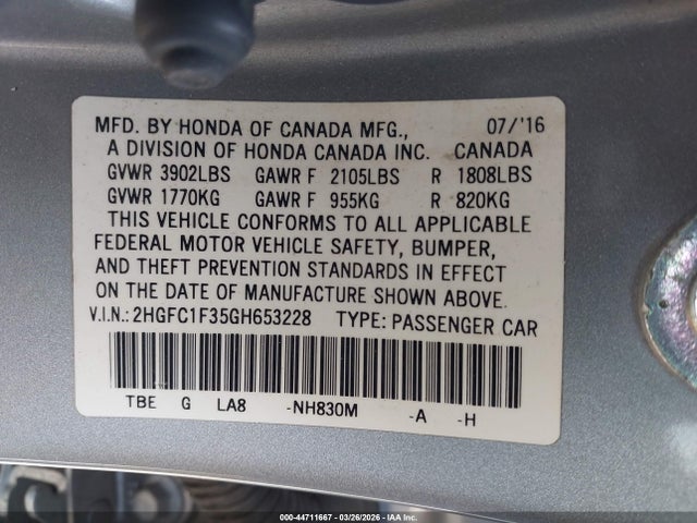 44711667 :رقم المزاد ، 2HGFC1F35GH653228 vin ، 2016 Honda Civic Ex-t مزاد بيع