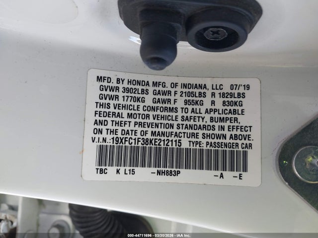 2019 HONDA CIVIC 19XFC1F38KE212115 Photo 8