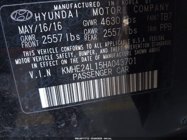 2017 Hyundai Sonata Hybrid Se მანქანა იყიდება აუქციონზე, vin: KMHE24L15HA043701, აუქციონის ნომერი: 44711712