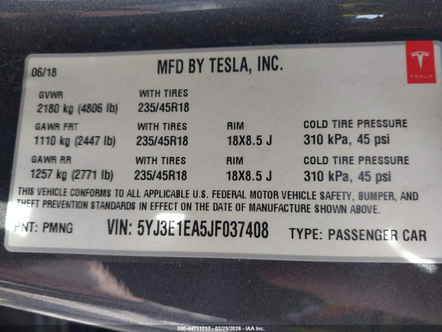 Продаж на аукціоні авто 2018 Tesla Model 3 Long Range/mid Range, vin: 5YJ3E1EA5JF037408, номер лоту: 44711717