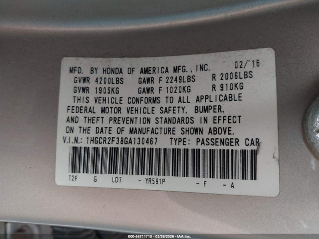 2016 Honda Accord Lx მანქანა იყიდება აუქციონზე, vin: 1HGCR2F38GA130467, აუქციონის ნომერი: 44711718