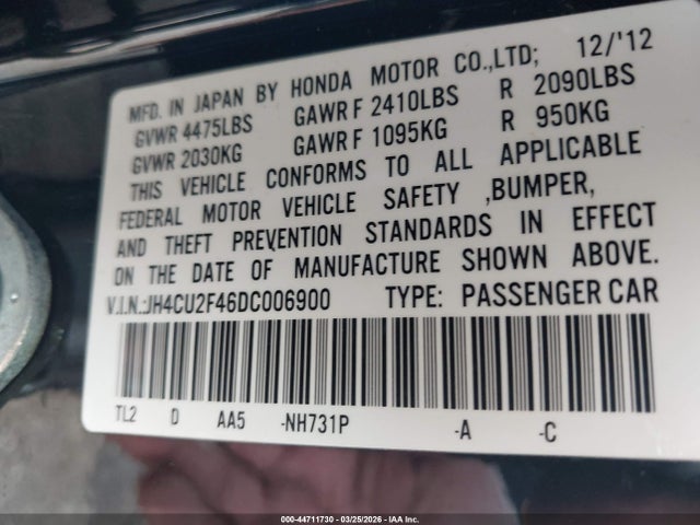 44711730 :رقم المزاد ، JH4CU2F46DC006900 vin ، 2013 Acura Tsx 2.4 مزاد بيع